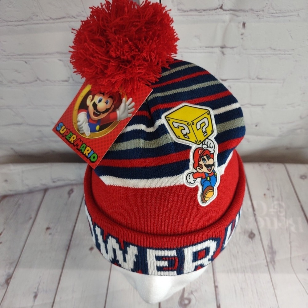 Super Mario Unisex Kids Beanie Hat Toboggan One Size Red White Blue Ninetendo - Picture 3 of 8
